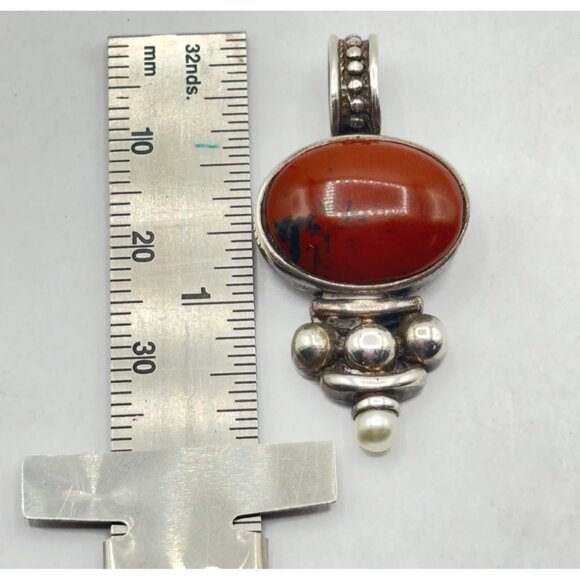 Sterling Silver Jasper & Pearl Pendant 925 - Picture 4 of 4